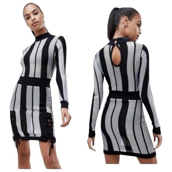 Missguided Party Dress Womens Size S Silver Black Metallic Sheer Mini Bodycon - Picture 1 of 16